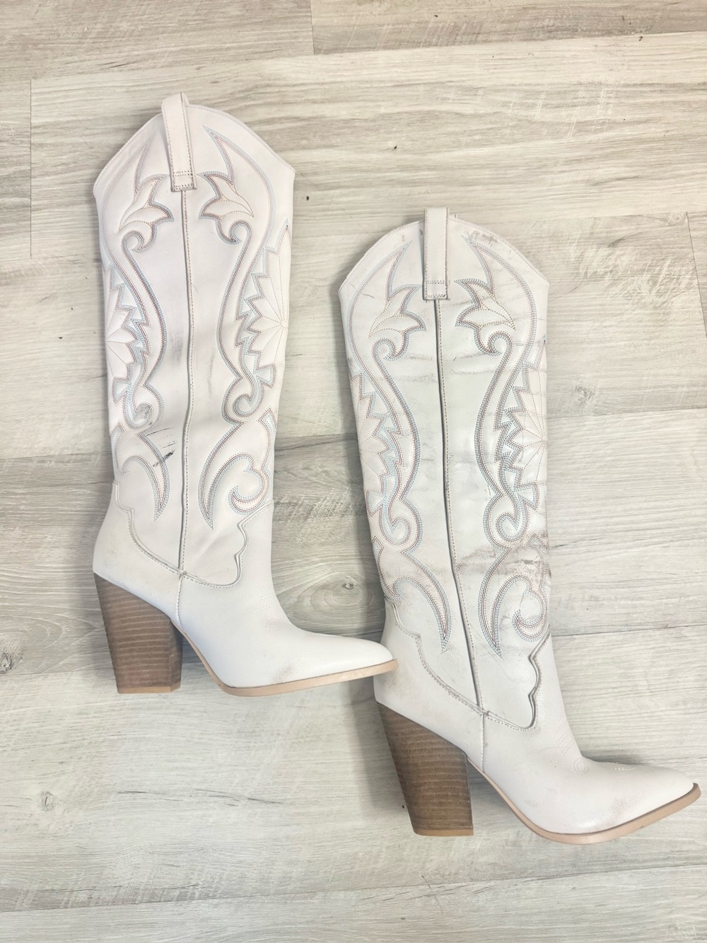NWT Steve Madden White Distressed Knee high Cowboy Boots Women's Size 6.5